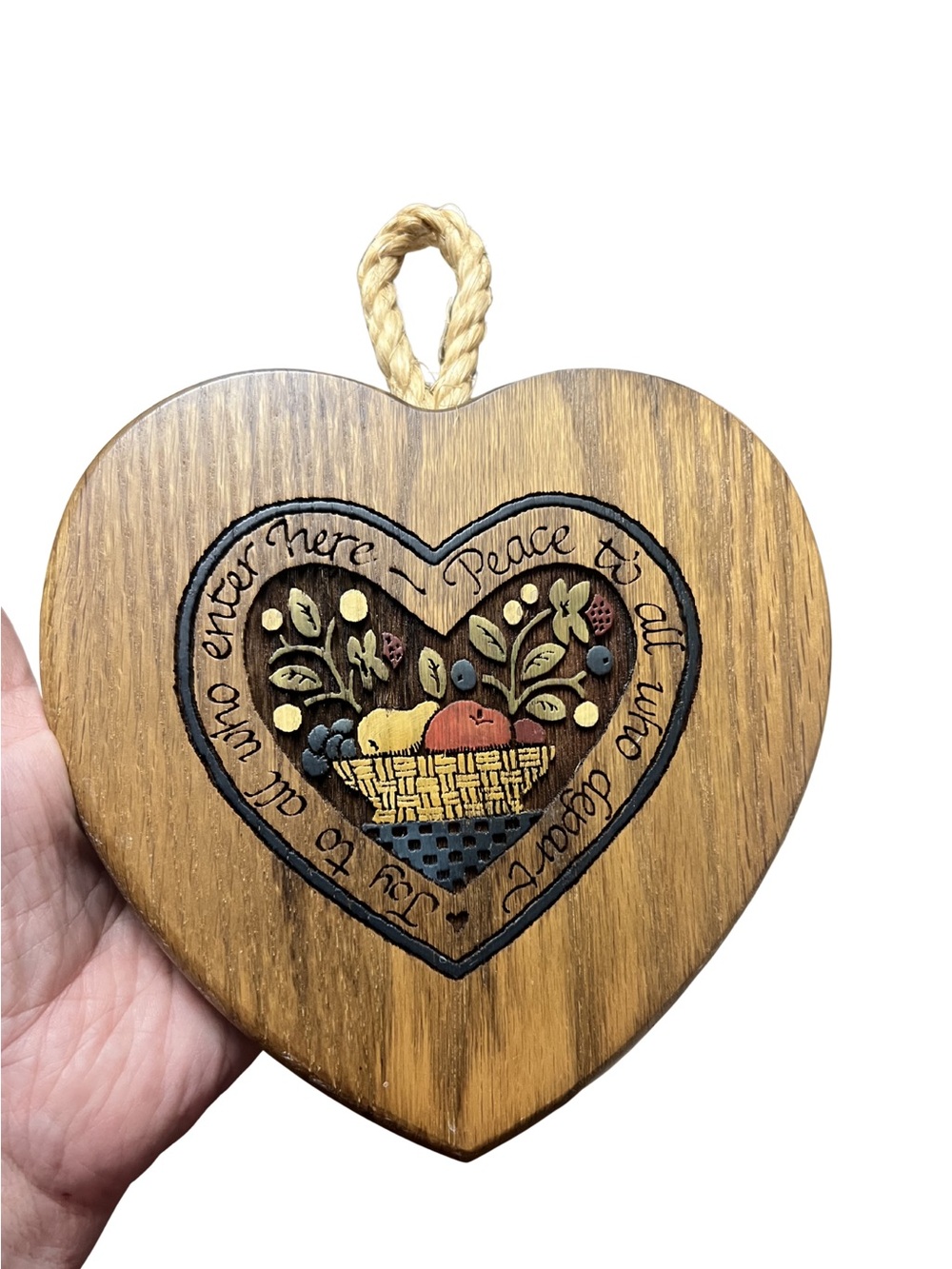 Wooden Heart Wall Hanging with Fruit Basket Design 6”
